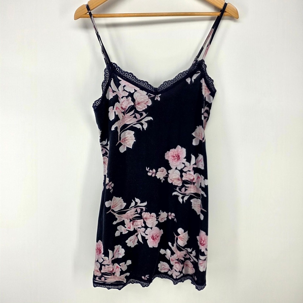 NEW Nightgown Womens M Navy Blue Floral Lace Trim Chemise Sleepwear Sleeveless